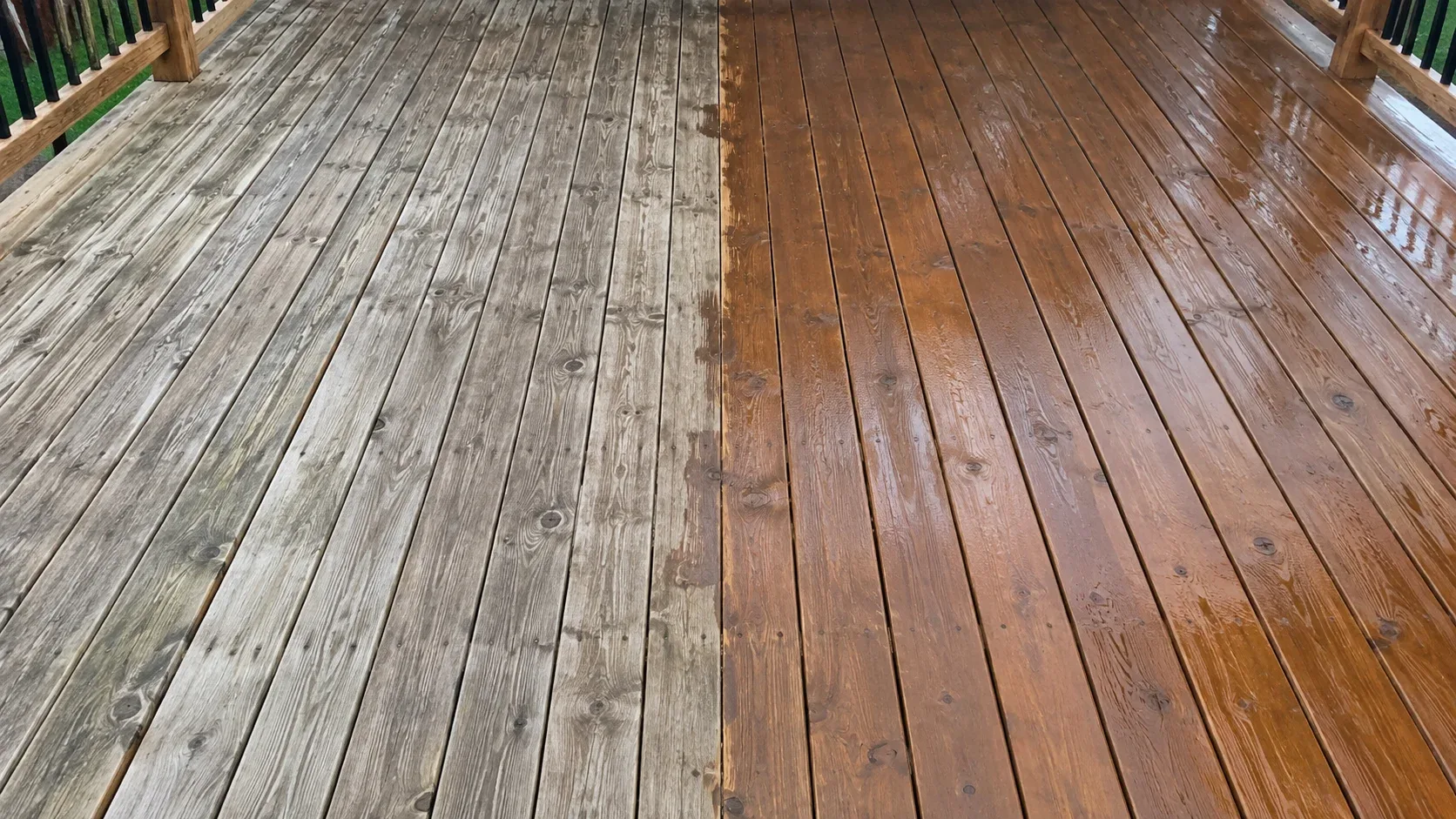 A wooden deck part way through restoration, silvered planks on one side and freshly stained planks on the other