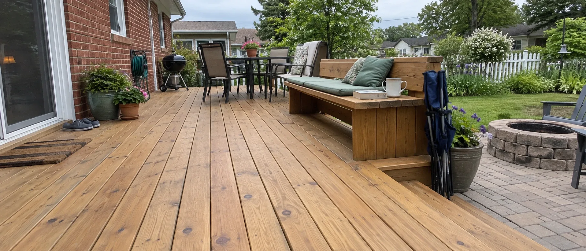 Stained cedar boards with a built in bench running the length of the deck
